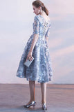 A Line Gray Blue Half Sleeves Tulle Homecoming Dresses