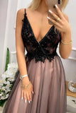 Black V-Neck Tulle Long Prom Dresses with Appliques Floor Length Backless Formal Dresses N2450