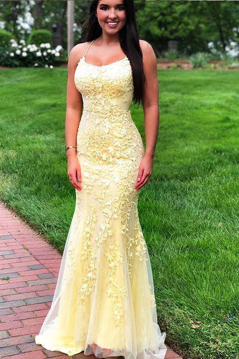 Yellow Spaghetti Strap Mermaid Lace Appliqued Long Prom Dress, Sweep Train Evening Dress N2646