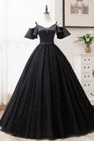 Black Ball Gown Short Sleeves Long Prom Dresses, Floor Length Straps Formal Dresses N2644
