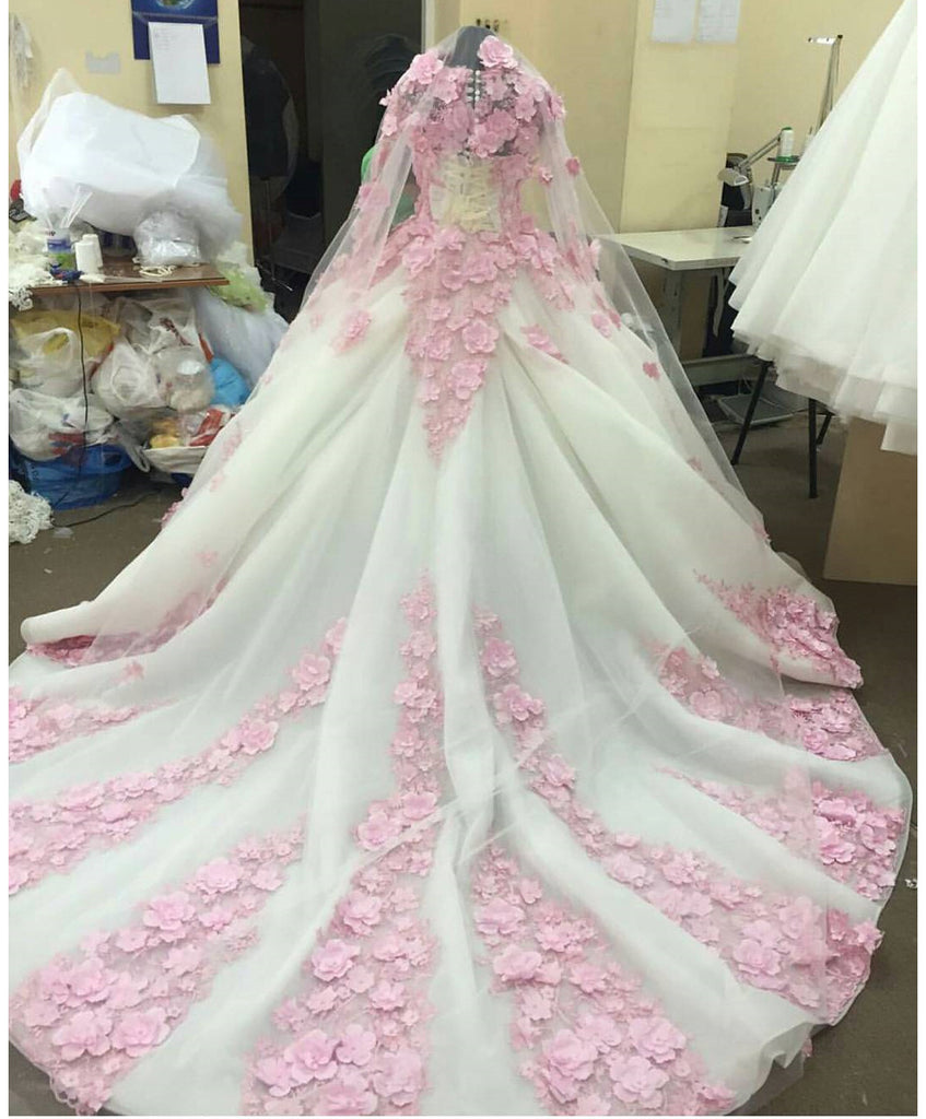 Ball Gown New Style Long Sleeve Tulle Prom Dress with Pink Flowers Ivory Wedding Dress N1311