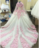 Ball Gown New Style Long Sleeve Tulle Prom Dress with Pink Flowers Ivory Wedding Dress N1311