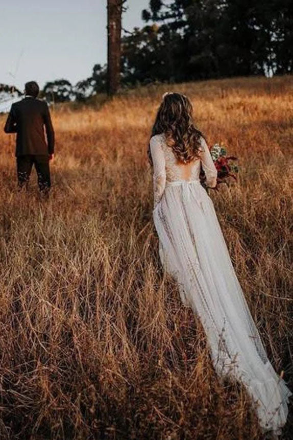 Unique V-Neck Long Sleeve Backless Lace Boho Wedding Dresses