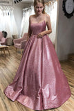 Spaghetti Straps A Line Scoop Sparkle Long Pink Prom Dress with Pockets