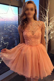 Peach Cap Sleeves Short Chiffon Homecoming Dress with Appliques, A Line Short Prom Dress