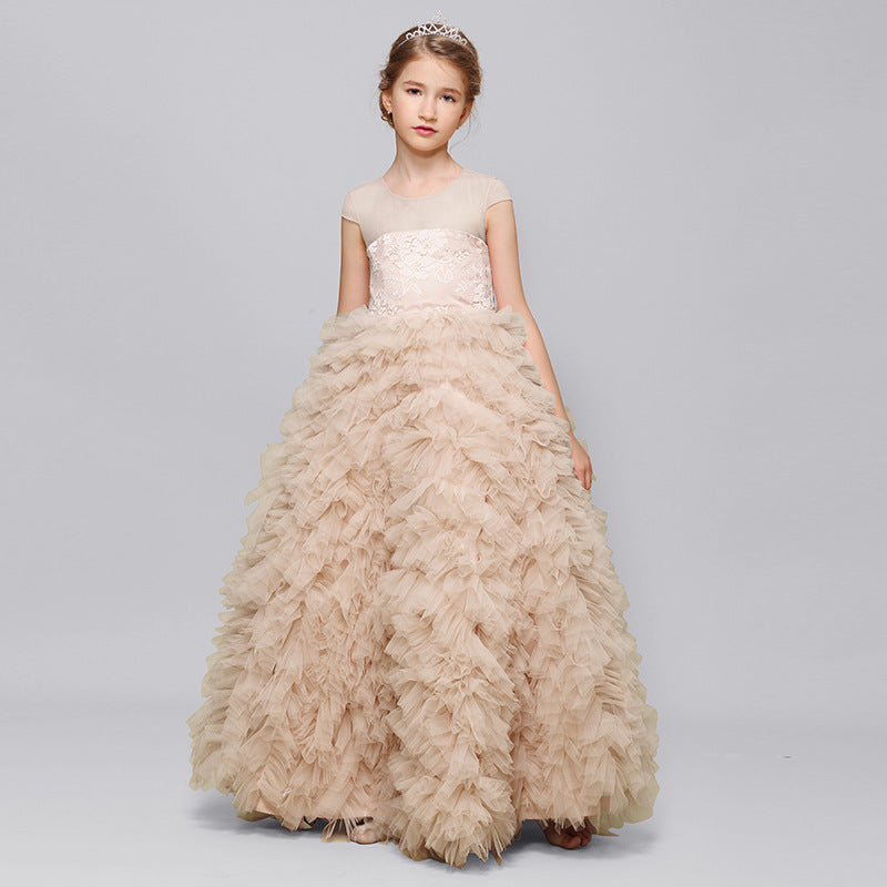 Beauty Princess Lace Cap Sleeve Tulle Flower Girl Gown