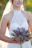 A Line Halter Sleeveless Backless Chiffon Beach Lace Wedding Dresses N615