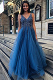 A Line V Neck Tulle Backless Prom Dresses with Sequins Beading N1410