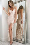 Sexy Spaghetti Straps Side Slit Long Prom Dresses Sheath Split Formal Dresses N2614