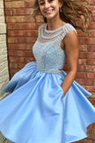 Ice Blue Beading Satin Sleeveless Open Back Homecoming Dress,Sparkly Prom Gown with Pockets,N360