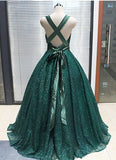 Shinny V-Neck Green Sequined Ball Gown Long Prom Dresses Quinceanera Dresses N1484