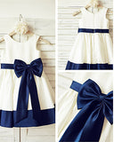 Ivory Flower Girl Dresses with Navy Blue Belt A-line Sleeveless Flower Girl Dresses with Bowknot F008