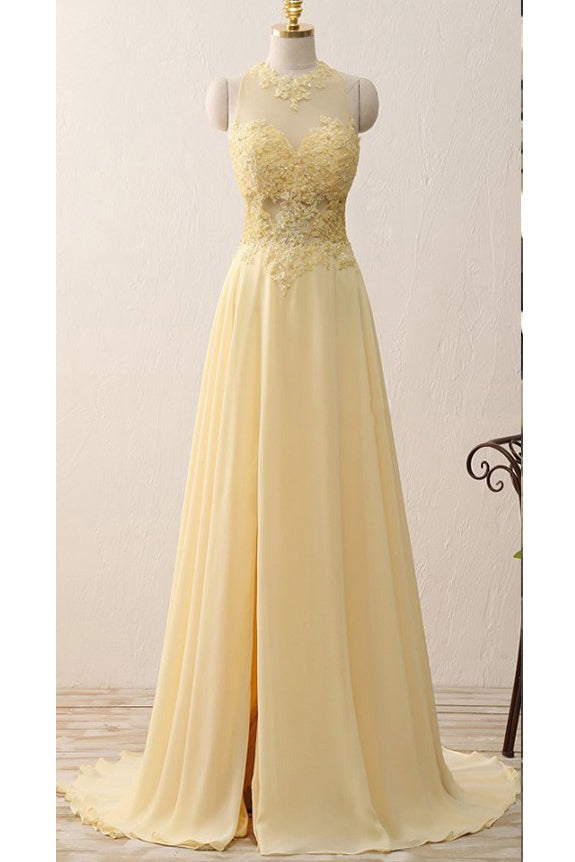 A Line Jewel Sleeveless Appliqued Chiffon Prom Dresses with Beading N828