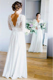 Classic V-Neck 3/4 Sleeves Chiffon Backless Bridal Lace Wedding Dress N2016
