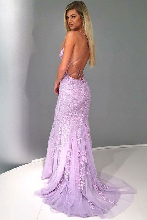Spaghetti Strap Mermaid Lace Appliques Tulle Prom Dresses N1529