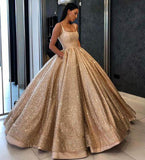 Gold Ball Gown Sequined Long Prom Dresses with Pockets