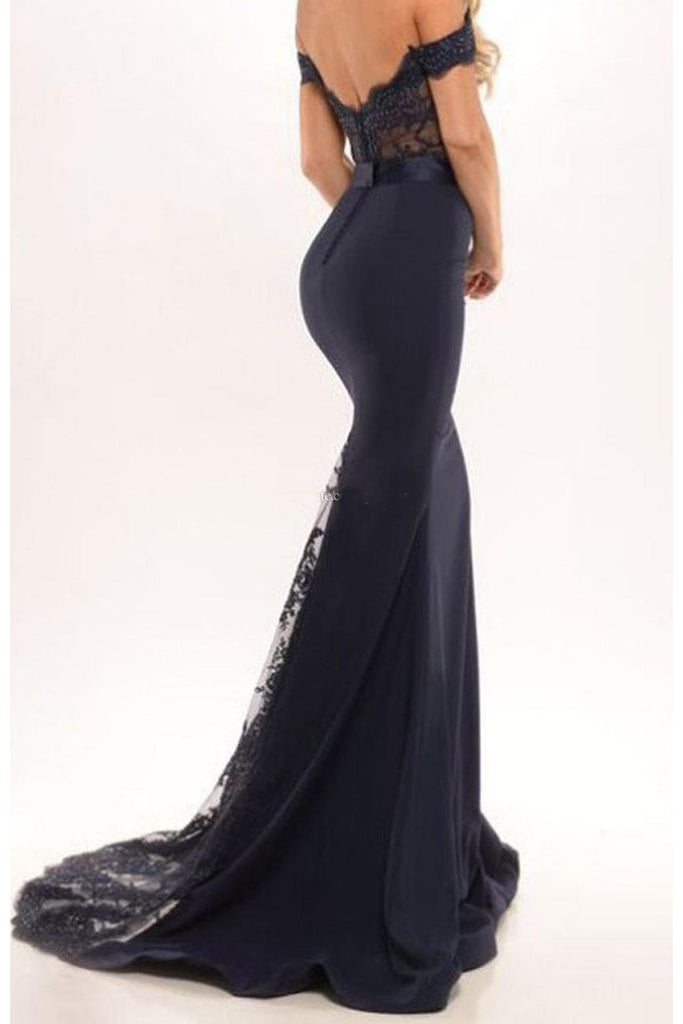 Mermaid Long Prom Dresses Black Off the Shoulder with Sash Prom Gowns N1527