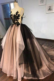 Puffy Sleeveless Tulle Prom Dress with Train, V Neck Long Formal Dresses with Appliques N1318