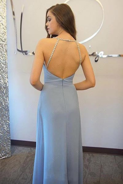 A Line V-Neck Floor-length Chiffon Prom Dresses with Beading Straps Evening Dresses N1369