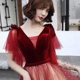 Red V-Neck Short Sleeves Tulle Sparkly Prom Dresses Homecoming Dresses N2660