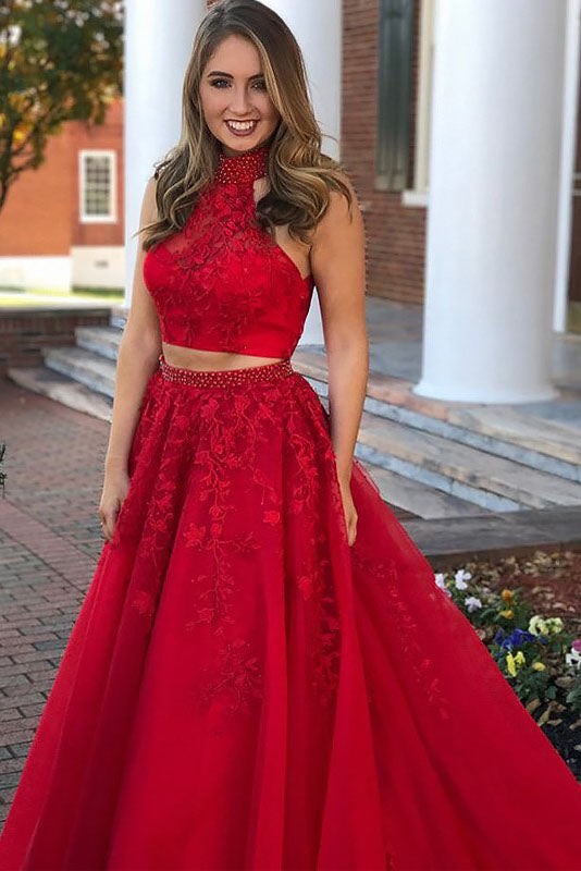 A-Line Red Sleeveless Jewel Beading Appliqued Tulle Long Two Piece Prom Dresses,N753
