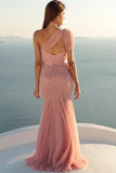 Unique Mermaid One Shoulder Tulle With Beads and Sash Prom Dresses Evening Dresses N1360