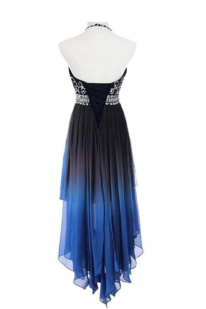 High Low Halter Sleeveless Chiffon Ombre Prom Dresses Beading Ombre Bridesmaid Dresses N1353