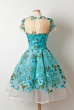 A Line Short Sleeves Floral Appliques Blue Homecoming Dresses