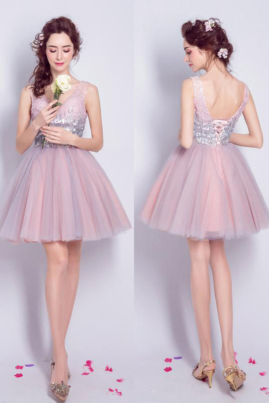 Sequined V-neck Tulle Homecoming Dress Sexy Shining Short Prom Dress Party Dress,Mini Dress,N250