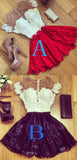 Red Lace Short Sleeve Homecoming Dresses