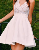 Spaghetti Straps Ivory V-Neck Lace Top Satin Homecoming Dresses N268