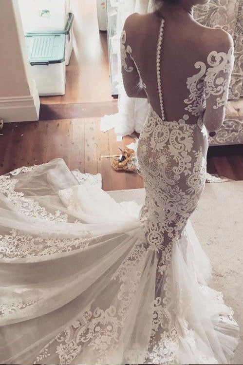 Mermaid Lace Appliques Long Sleeves Sheer Tulle Wedding Dresses