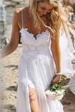 Spaghetti Straps White Lace Chiffon Backless Beach Wedding Dress