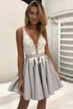 Appliques Deep V Neck Short Prom Dress,Sleeveless Pleats Cheap Homecoming Dress,N283