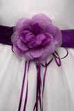 White Ball Gown Sleeveless Long Flower Girl Dresses with Purple Flowers Sash F064