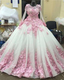 Ball Gown New Style Long Sleeve Tulle Prom Dress with Pink Flowers Ivory Wedding Dress N1311