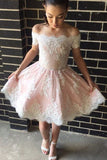Pink Homecoming Dress,Off-the-shoulder Short Prom Dresses,Lace Short Graduation Dresses,Lace Tulle Prom Dress,N154