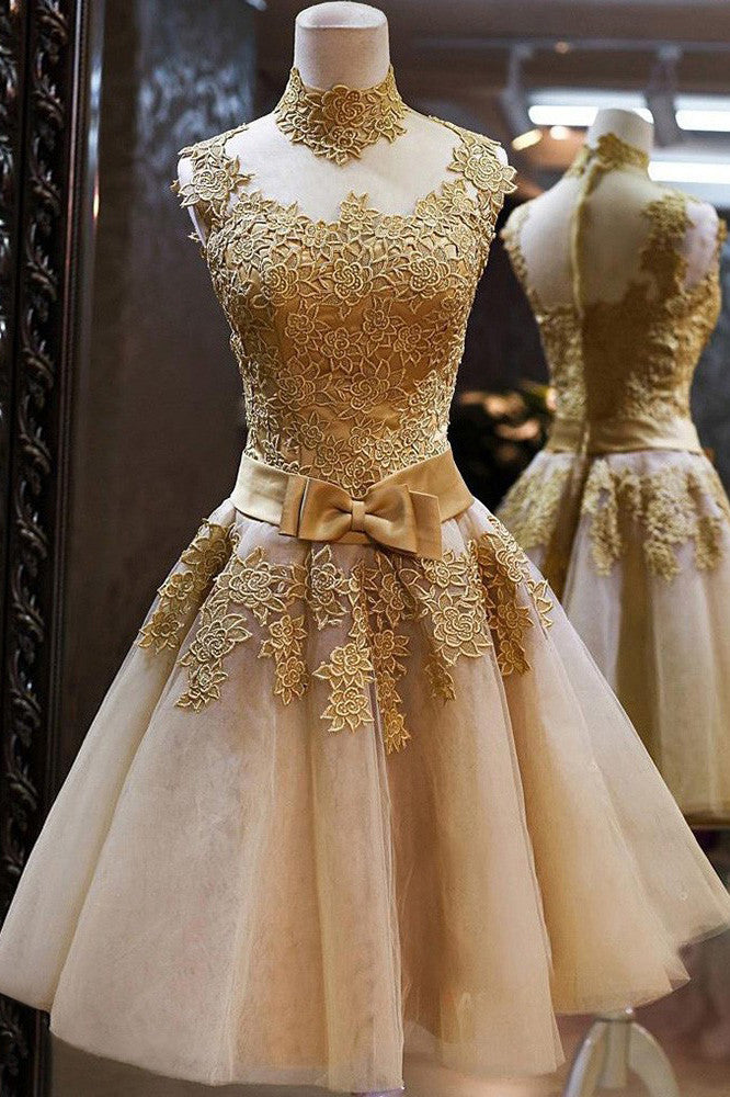 High Neck Tulle Homecoming Dress with Bowknot,Appliques Sleeveless Knee-length Prom Dress,N206