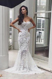 Mermaid Sweetheart Long Lace Wedding Dress Strapless Sweep Train Bridal Dress N523