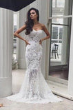 Mermaid Sweetheart Long Lace Wedding Dress Strapless Sweep Train Bridal Dress N523