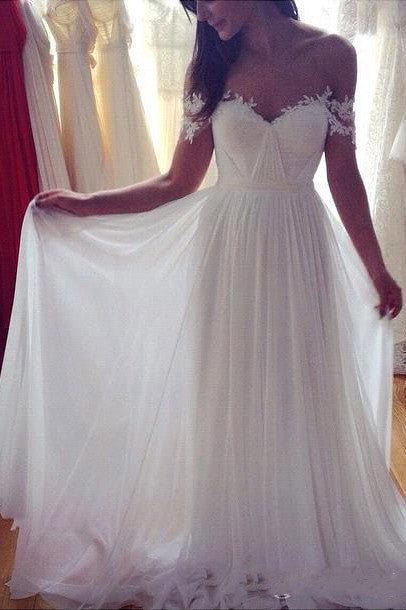 Simple A-Line Off-shoulder Long Appliques Wedding Dresses,Ivory Beach Wedding Dresses,N231