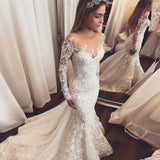 Gorgeous Mermaid Illusion Long Sleeves Tulle Appliques Wedding Dresses