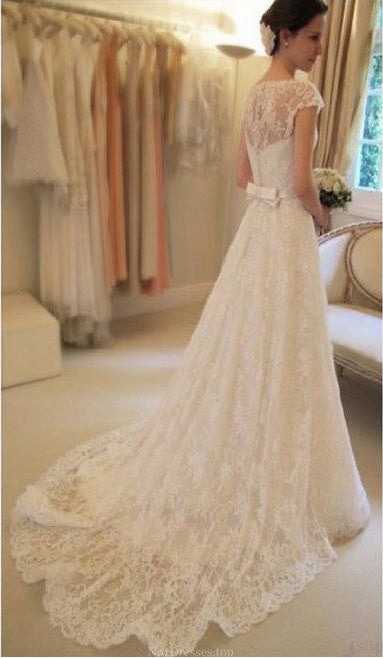 Cap Sleeve Lace Wedding Dresses Long Bridal Dresses With Court Train Ivory Beach Wedding Dresses