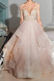 A Line Long Sleeves Tulle Sheer Neck Wedding Dresses With Appliques
