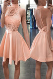 Unique Style Peach High Neck Sleeveless Backless Homecoming Dress,Cheap Prom Dress,N277