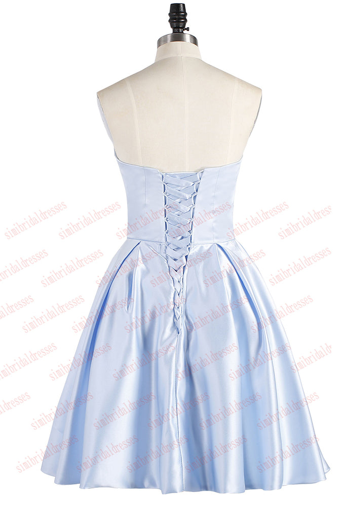 Light Blue Strapless Short Satin Beading Homecoming Dresses N962