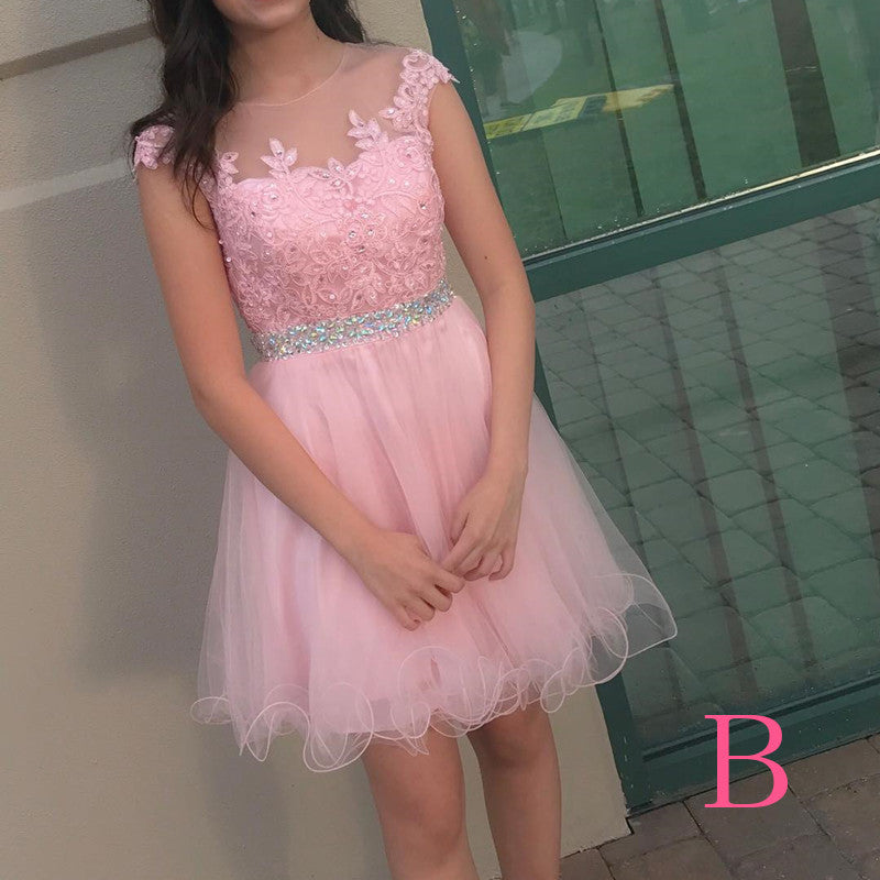 Pink Homecoming Dress,Short Tulle Prom Dresses With Bead Waist,Lace Appliques Graduation Dress