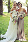 Flowy Off the Shoulder Chiffon Beach Wedding Dresses Long Pleated Bridal Dresses N1289