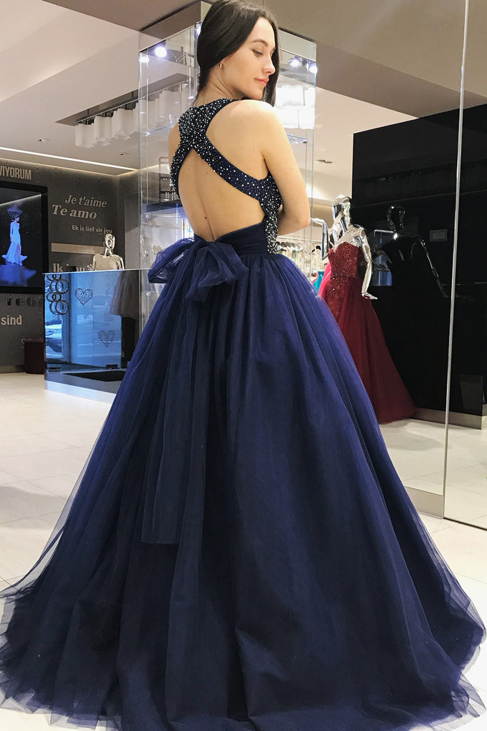 Sparkly Dark Blue Ball Gown Sweet Beading Tulle Long Prom Dresses Shiny Evening Dresses N1328
