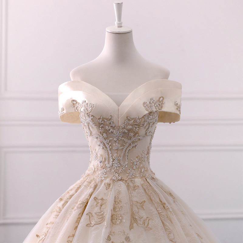 Gorgeous Off the Shoulder Ball Gown Wedding Dresses Long Appliques Bridal Dresses N1528